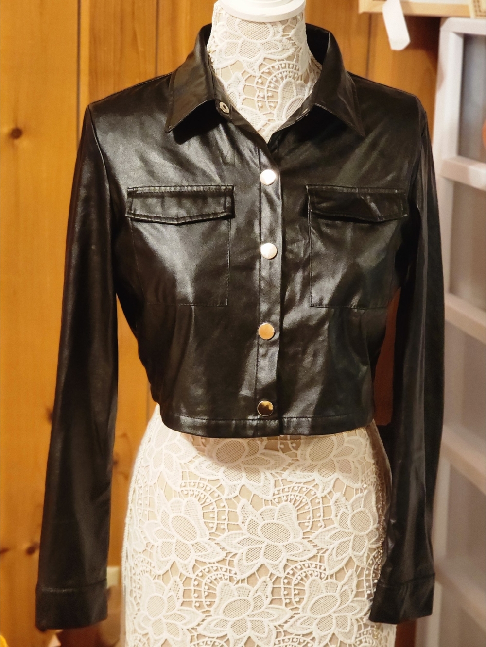 Black Faux Leather Cropped Snap Front Jacket Shacket
